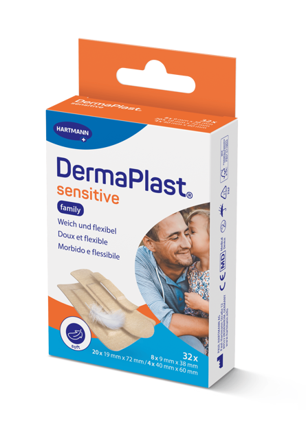 DermaPlast® Sensitive hautfarbig Family Packung Strips, einzeln verpackt 3 Grössen, assortiert