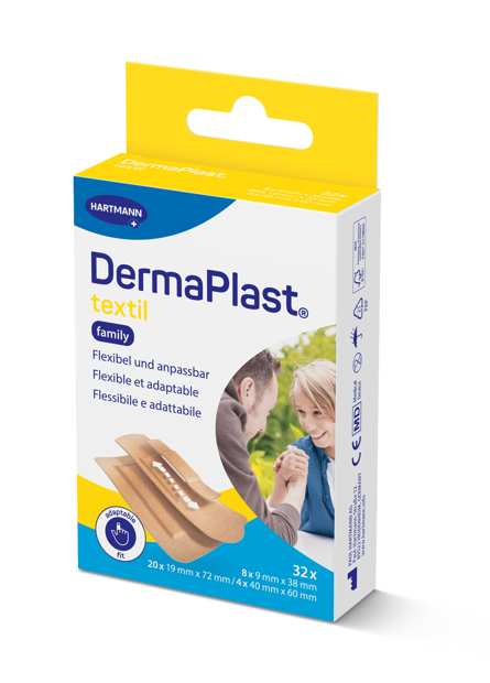 DermaPlast® Textil Pflaster Family Packung Strips, einzeln verpackt 3 Grössen, assortiert