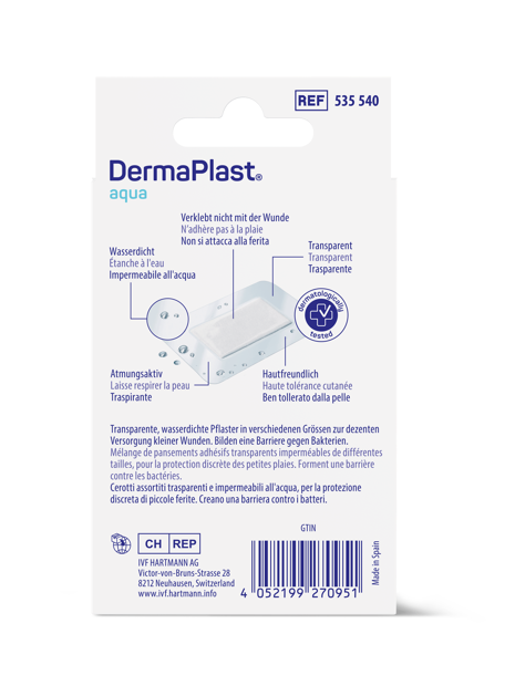 DermaPlast® Aqua Pflaster wasserfest Family Packung Strips, einzeln verpackt 3 Grössen, assortiert